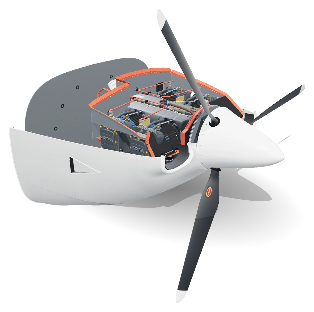 3D model of the SR20 engine installation with the upper cowl removed, showing the baffles, propeller and spinner